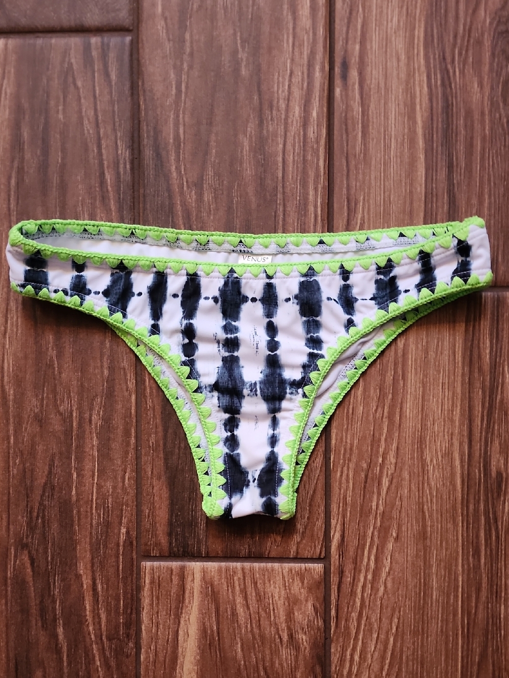 VENUS Dark Blue & White Tie-Dye Bikini Bottom with Neon Green Trim